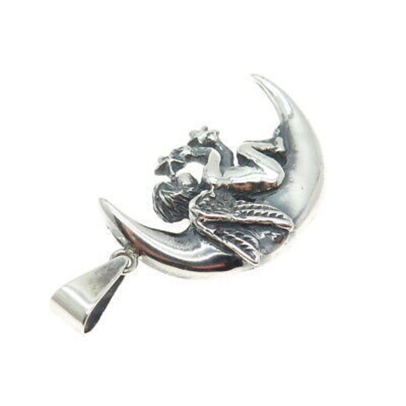925 Sterling Silver Vintage Crescent & Angel Oxidized Pendant - Picture 6 of 7